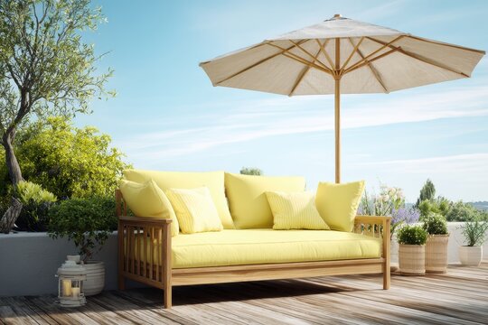 Warm outdoor living scene: wooden-framed yellow sofa, umbrella, and lush greenery under a clear sky