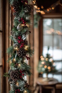 Warm White Lights and Natural Elements on a Tall Christmas Garland in a Home Interior