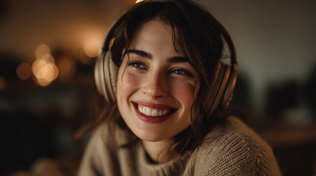 Warm-toned close-up of a woman listening to audio content with headphones and a cheerful expression