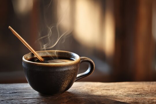 Warm-toned close-up of espresso on a wooden surface with a stirring stick resting on the cup