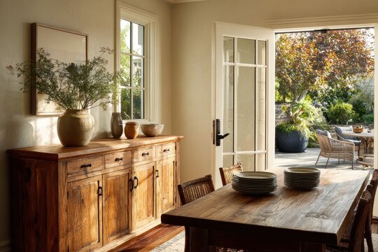 Warm-toned dining area featuring a sideboard, dining table and glass door to an outdoor porch