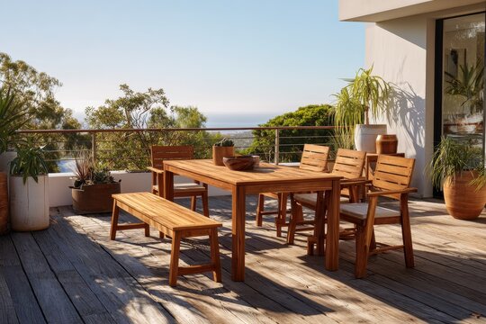 Warm-toned teak dining set on a wooden deck terrace for outdoor living