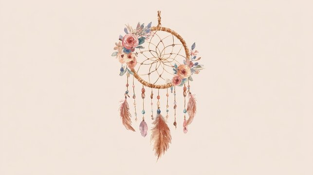 Watercolor bohemian dreamcatcher illustration with feathers and beads on a light backdrop