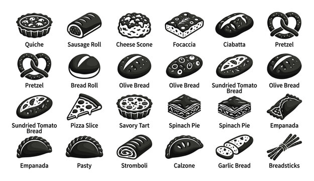 Set of delicious savory pastries and breads for food blogs, menu design, and culinary cooking websites