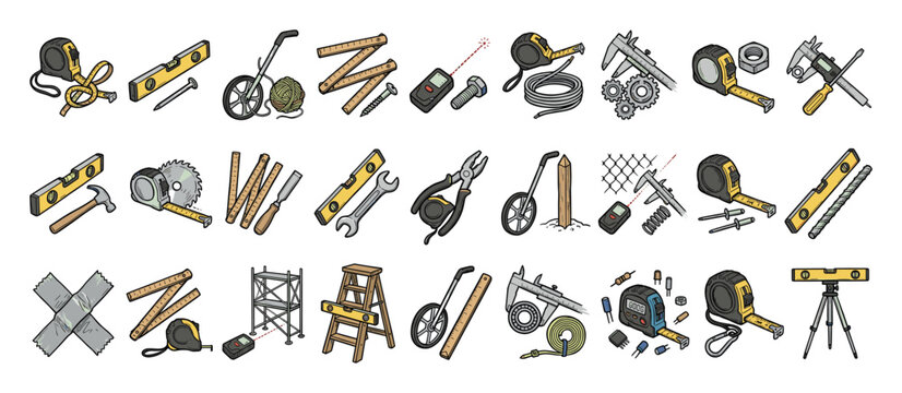 Set of construction and measuring tools essential for building engineering and home improvement projects.
