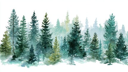 Fototapeta premium Watercolor evergreen forest: soft conifer trees in a wintry scene on white background