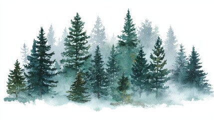 Fototapeta premium Watercolor evergreen forest illustration on white background with mysterious pines for winter design