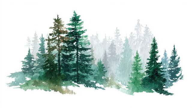 Watercolor evergreen forest backdrop with soft green conifers on a white background
