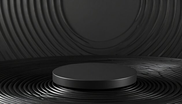 3D Render Minimalist Black Podium for Product Display on Abstract Dark Concentric Rings Background
