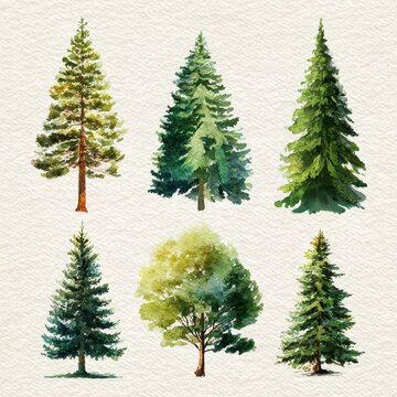 Watercolor evergreen tree set on white background, hand-painted conifers illustration