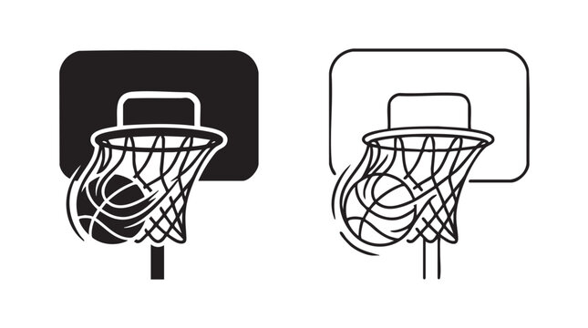 basketball hoop with ball swishing through net in black silhouette and outline art vector black silhouette and outline art vector icon