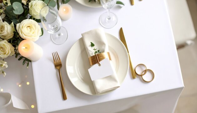Elegant wedding table setting with white roses, golden cutlery, burning candles, and blank place card with engagement rings