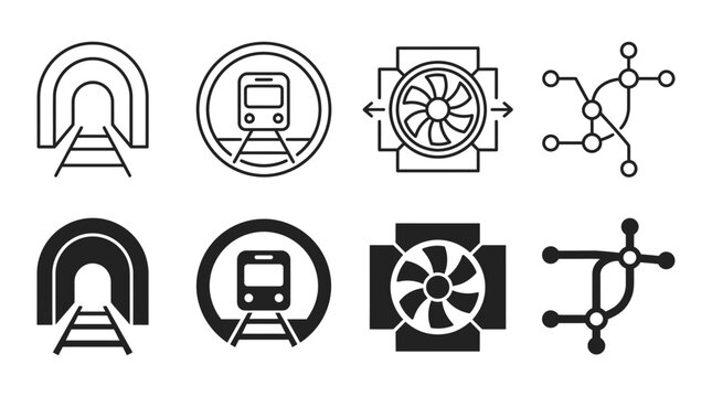 Subway and railway transportation icon set featuring tunnel and fan vector illustrations transport graphics commuter