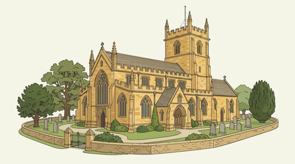 Fototapeta premium Vector illustration of the Church of St John the Evangelist featuring Gothic stone architecture, a square bell tower with crenelations, arched windows, and a historic graveyard with headstones.