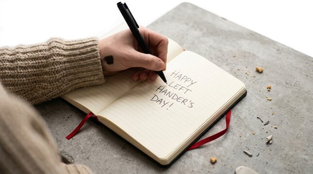 Lefthanded person writing happy left handers day in a notebook