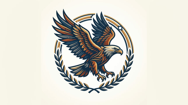 Stylized vector eagle logo with outstretched wings and extended talons inside a circular crest with a laurel wreath. Multi-colored bird of prey emblem on a solid off-white background.