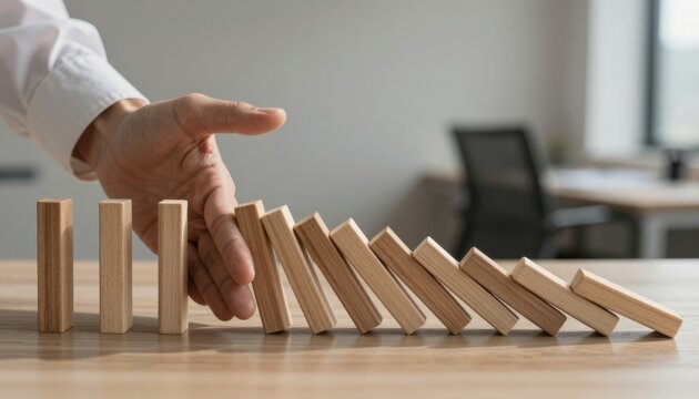 Business Hand Stopping Domino Effect
