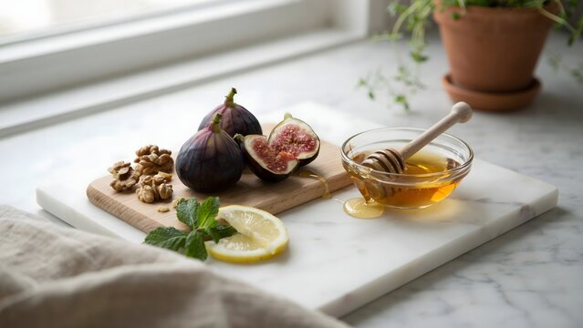 Sliced fresh figs with honey and walnuts in kitchen &ndash; Ideal for organic farming, healthy snacks, or culinary magazine covers.
