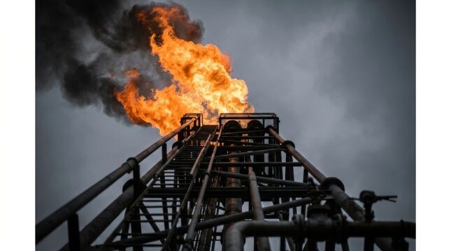 Industrial flare stack burning natural gas with bright orange flames and dark smoke