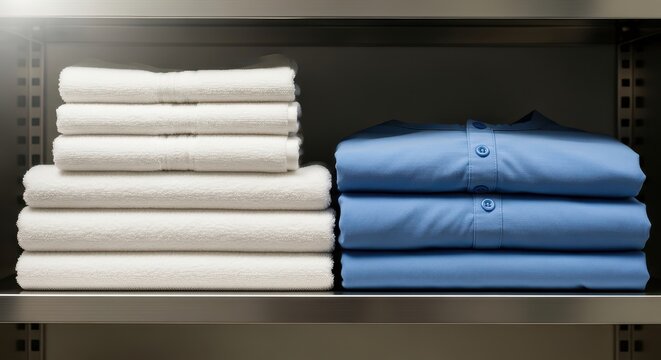 Neatly folded clean white towels and blue shirts stacked on a metal shelf, organized laundry, domestic chores, and home organization concepts.