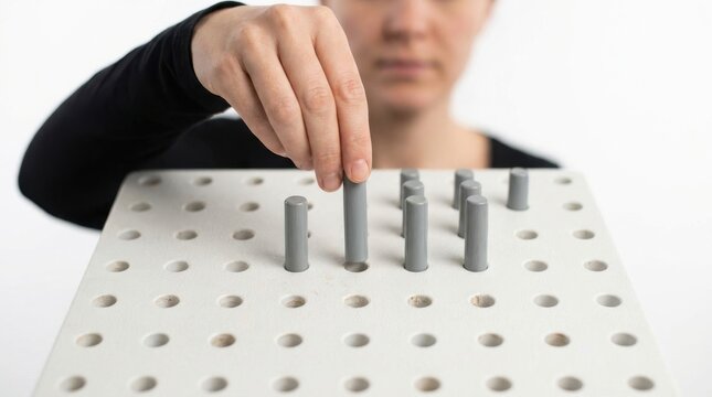 Person performing a fine motor skills test using a pegboard and wooden pegs