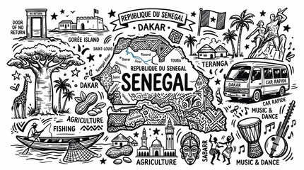 Fototapeta premium Senegal Travel Doodle Illustration, Hand Drawn African Country Map and Culture Line Art