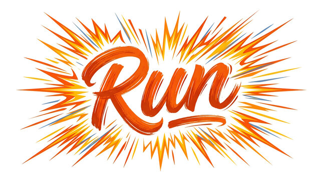 Dynamic orange handwritten typography of the word run set against a sunburst explosion effect with sunburst