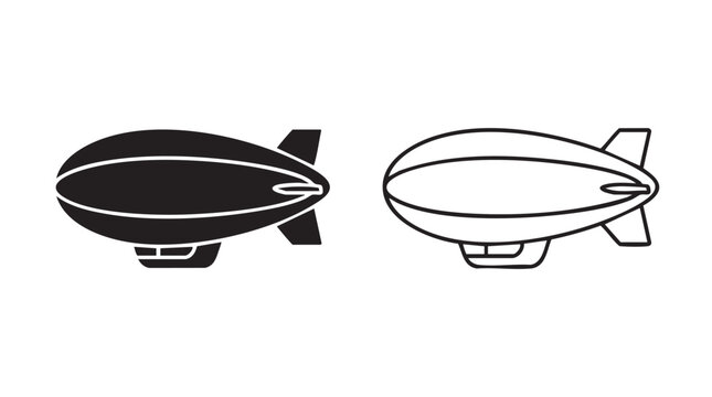 black silhouette and outline art vector icon of a blimp floating in the sky