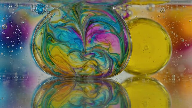 Colorful Oil Droplets Merging in Macro Liquid Symmetry