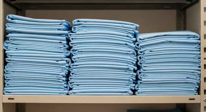 Neatly stacked piles of folded light blue fabric or cloths on a shelf, organized storage, clean and tidy presentation