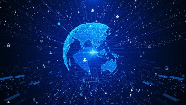 Cyber globe data security background glowing earth, binary numbers, lock icons, and blue digital rays. for cyber security videos, network intros, global tech promos, AI dashboards, software visuals.