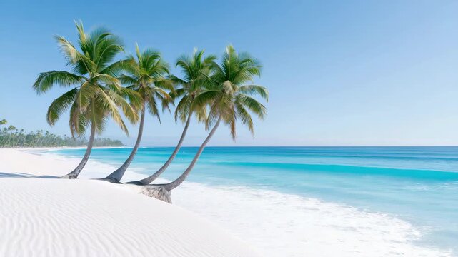 Tracking shot of palm trees swaying and waves rolling onto white sand tropical beach with turquoise ocean and clear sky