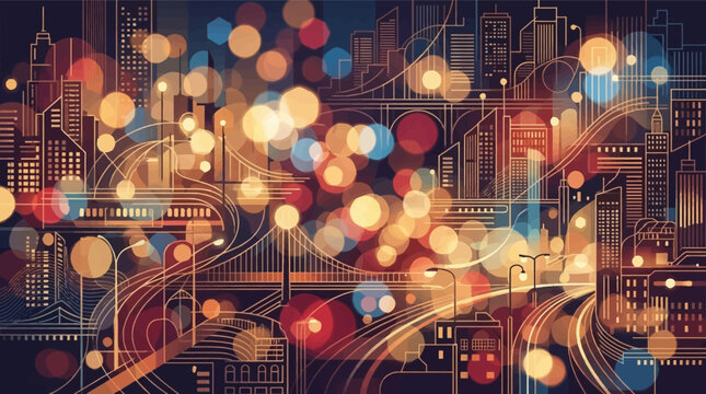 Abstract urban city skyline background with colorful bokeh light effects, architectural line art of skyscrapers, bridges, and highways at night with vibrant traffic glow.