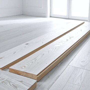 A bright, minimalist room featuring newly laid white wooden floor planks. This clean interior scene evokes feelings of fresh beginnings and modern home renovation, with no people.