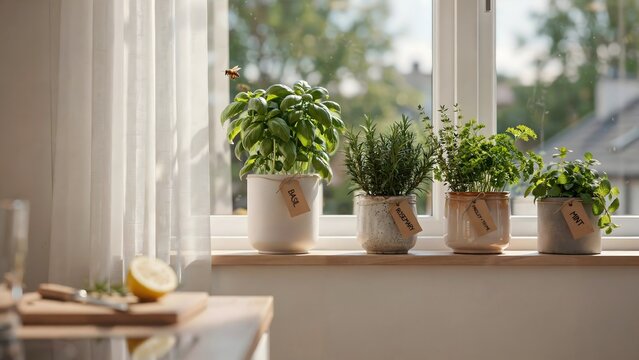 Fresh green herbs growing in ceramic pots on windowsill &ndash; Ideal for home gardening, indoor plants, or urban farming guides.