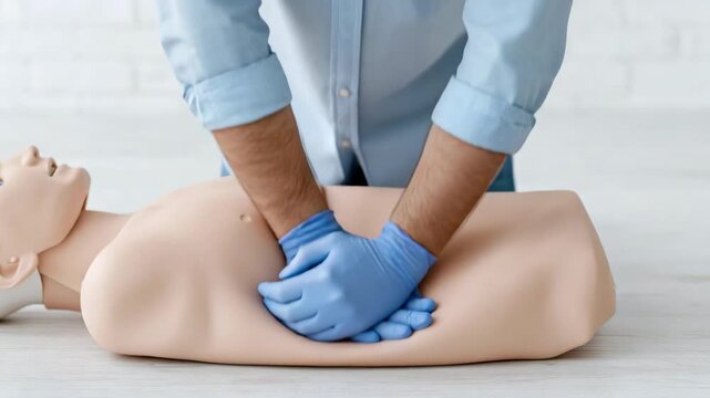 Static closeup shot of instructor performing chest compressions on cpr manikin in medical training classroom with blue gloves