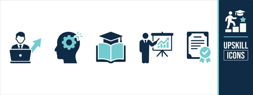 Professional upskill and education icons set featuring academic learning training management growth achievement certification symbols, education