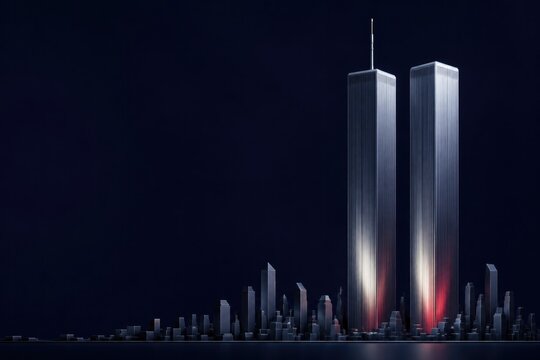 Twin towers illuminated at night, symbolizing resilience and remembrance