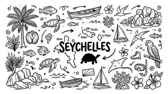 Seychelles Travel Doodle Illustration,  Hand Drawn Tropical Island Line Art Collection