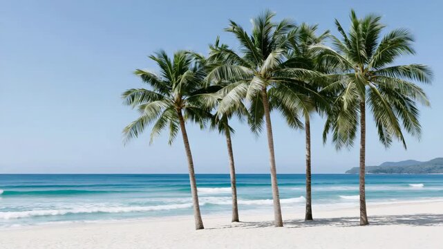 Tracking shot of palm trees swaying on white sand beach with turquoise ocean and distant islands