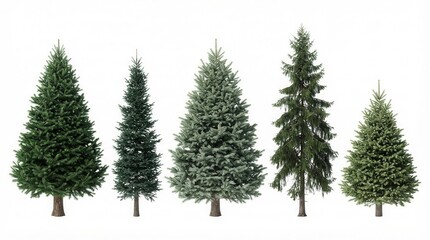 Obraz premium Collage of beautiful evergreen fir trees on white background for banner design