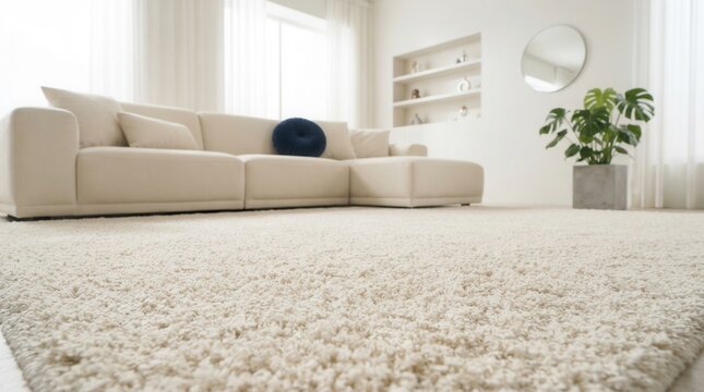 Low angle view of stylish furniture and a fluffy carpet on the floor indoors