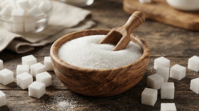 Granulated sugar in a wooden bowl on a wooden table