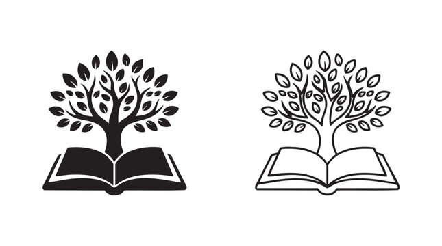 black silhouette tree growing from open book outline art vector icon black silhouette black silhouette and outline art vector icon