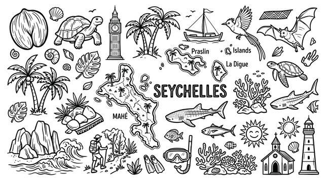 Seychelles Travel Doodle Illustration,  Hand Drawn Tropical Island Line Art Collection