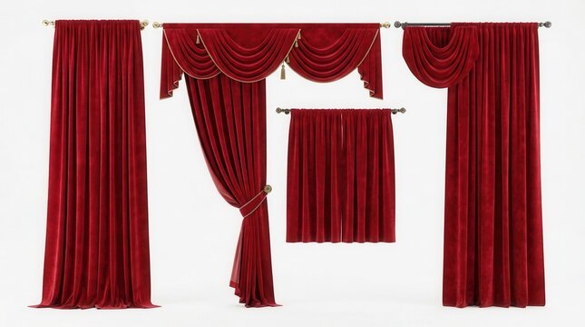Set of beautiful red curtains isolated on white background