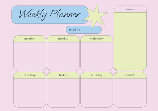Horizontal cute pastel weekly planner template with star graphic