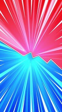Comic versus action burst background red and cyan panels, fast rays, dotted pop texture, jagged split line. for game trailers, fight titles, sport promos, energetic edits, bold transition videos.
