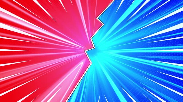 Red blue comic speed burst background split panels, white motion streaks, halftone texture, sharp center divide. versus videos, gaming intros, sports edits, action promos, dynamic motion graphics.