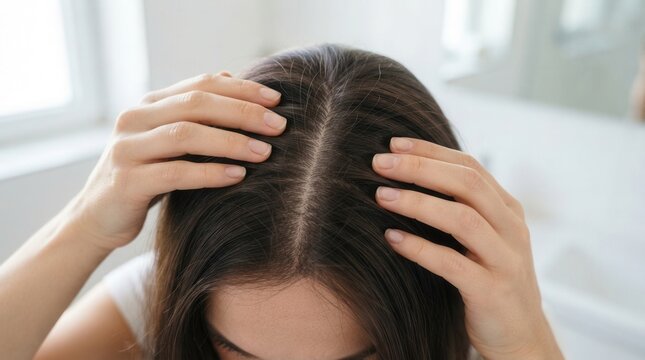 Closeup of a woman examining her scalp and hair on a blurred background